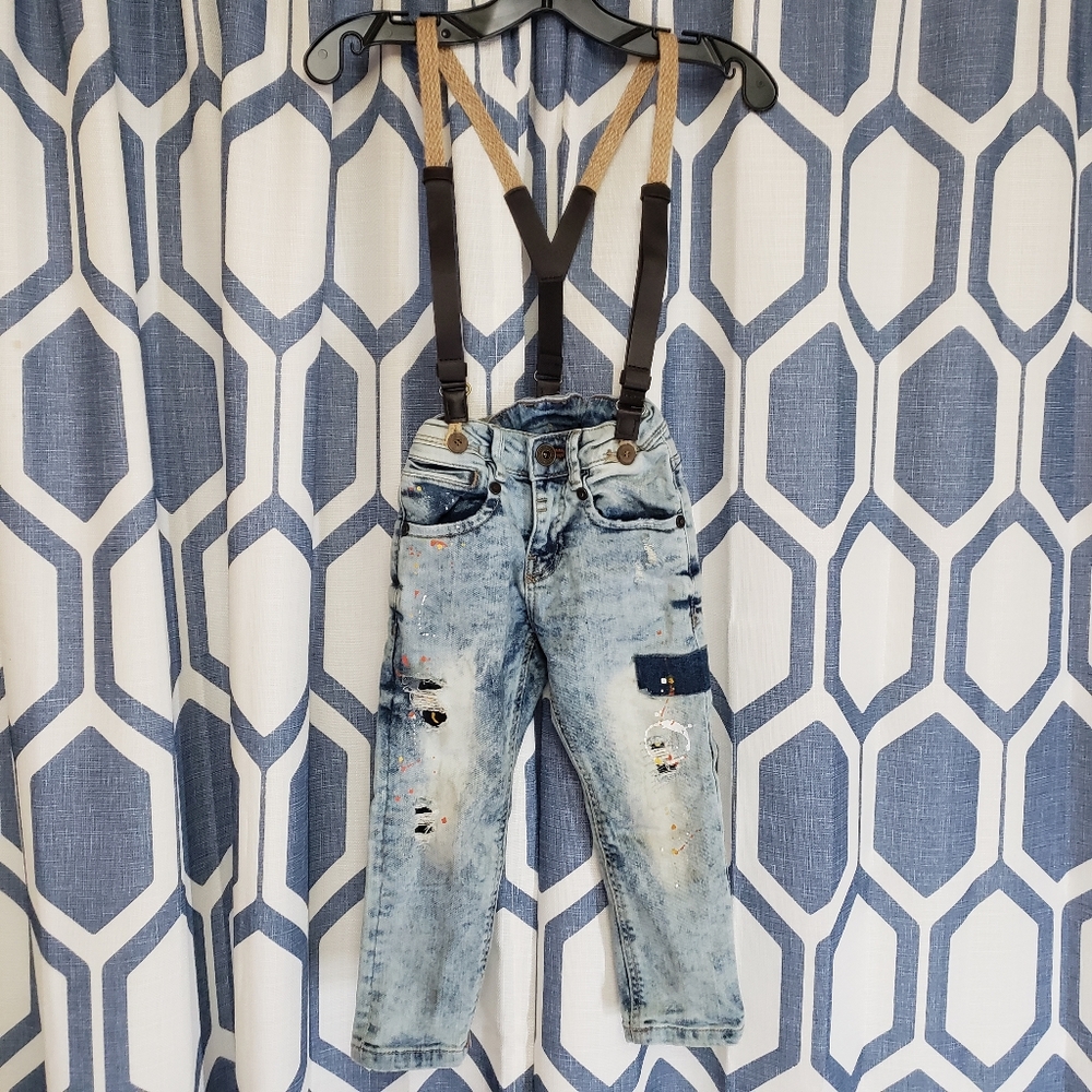 Zara Boys Size 4 Distresse Jean's with Suspenders